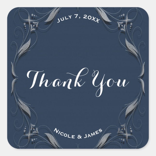 Blue & Silver Frame Elegant Wedding Favor Custom Square Sticker (Front)