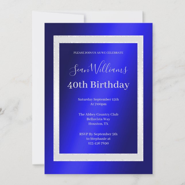 Blue & Silver Framed Men's 40th Birthday Invitation (Front)