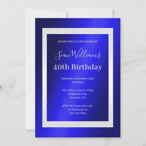 Blue  Silver Framed Mens 40th Birthday Invitation