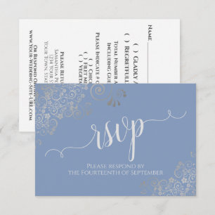 Blue & Silver Frills Elegant Calligraphy Wedding RSVP Card