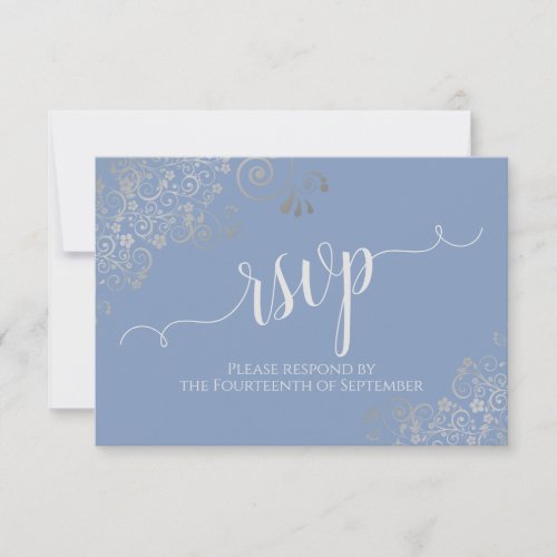Blue  Silver Frills Elegant Calligraphy Wedding RSVP Card