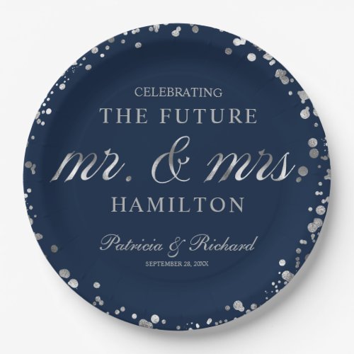 Blue Silver Future Mr and Mrs Engagement Party Paper Plates