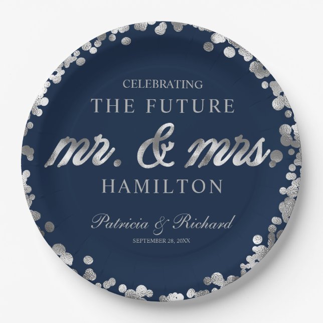Blue Silver Future Mr and Mrs Engagement Party Paper Plates (Front)
