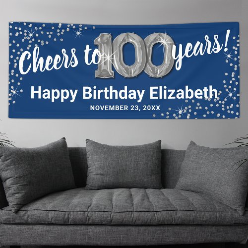 Blue Silver Glitter 100th Birthday Banner