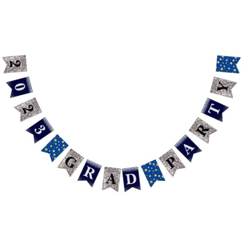 Blue Silver Glitter 2023 Grad Party Bunting Flags