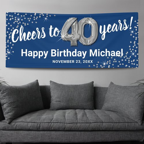 Blue Silver Glitter 40th Birthday Banner