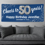 Blue Silver Glitter 50th Birthday Banner<br><div class="desc">Elegant fiftieth birthday party banner featuring a stylish blue background that can be changed to any color,  silver sparkly glitter,  fifty silver hellium balloons,  and a modern 50th birthday celebration text template that is easy to personalize.</div>