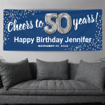 Blue Silver Glitter 50th Birthday Banner<br><div class="desc">Celebrate a milestone birthday in style with our elegant fiftieth birthday party banner. Boasting a customizable stylish blue background, faux silver sparkle, and modern 50th birthday celebration text, this banner is the perfect way to make a statement. Plus, our fifty silver helium balloons add an extra touch of glamour. Easily...</div>