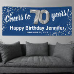 Blue Silver Glitter 70th Birthday Banner<br><div class="desc">Elegant seventieth birthday party banner featuring a stylish blue background that can be changed to any color,  silver sparkly glitter,  seventy silver hellium balloons,  and a modern 70th birthday celebration text template that is easy to personalize.</div>