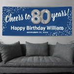 Blue Silver Glitter 80th Birthday Banner<br><div class="desc">Elegant eightieth birthday party banner featuring a stylish blue background that can be changed to any color,  silver sparkly glitter,  eighty silver hellium balloons,  and a modern 80th birthday celebration text template that is easy to personalize.</div>