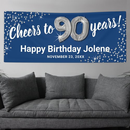 Blue Silver Glitter 90th Birthday Banner