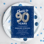 Blue Silver Glitter 90th Birthday Template<br><div class="desc">Elegant ninetieth birthday party invitation featuring a stylish blue background that can be changed to any color,  silver sparkly glitter,  ninty silver hellium balloons,  and a modern 90th birthday celebration text template that is easy to personalize.</div>
