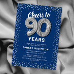 Blue Silver Glitter 90th Birthday Template<br><div class="desc">Elevate your milestone celebration with our elegant 90th birthday party invitations! Featuring a versatile blue background, silver sparkly glitter, ninety charming silver helium balloons, and a trendy 90th birthday text that's a breeze to personalize! Add your unique touch to this special day and let your guests anticipate a memorable event....</div>