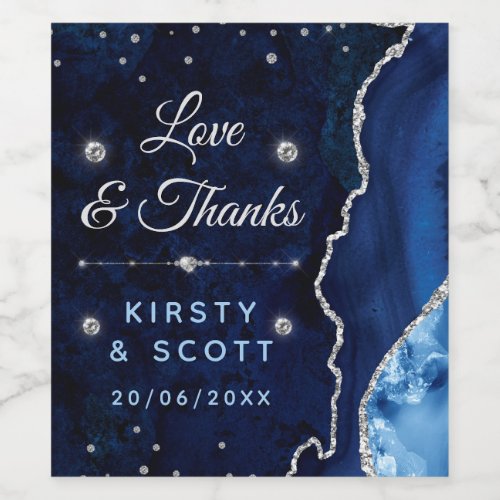 Blue  Silver Glitter Agate and marble Wedding Wine Label