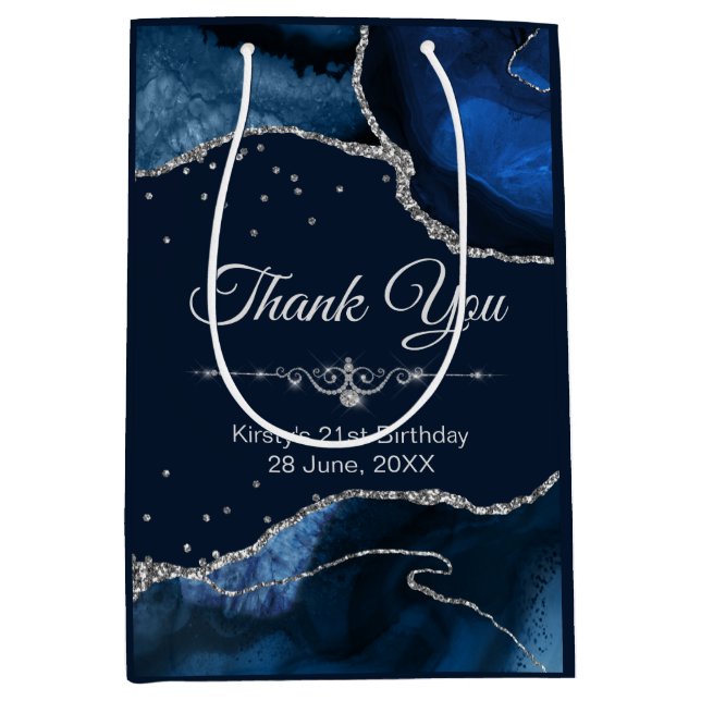 Blue & Silver Glitter Agate Birthday Thank You Medium Gift Bag (Front)