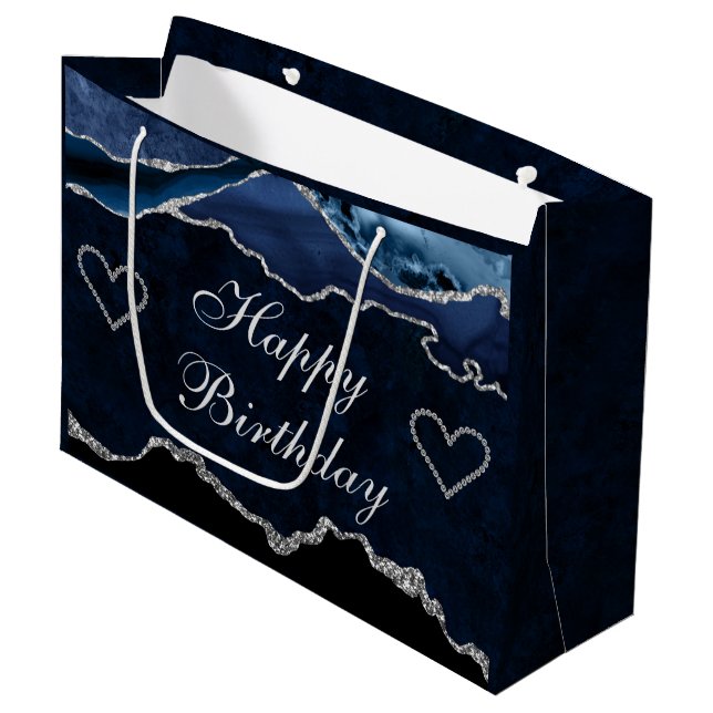 Blue & Silver Glitter Agate Happy Birthday Large Gift Bag (Front Angled)