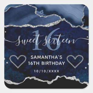 Blue & Silver Glitter Agate Marble Sweet 16 Square Sticker