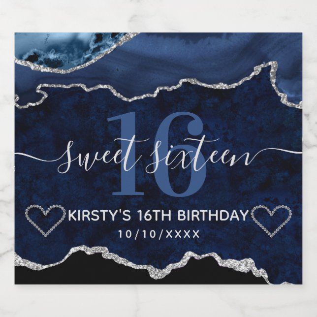 Blue & Silver Glitter Agate Marble Sweet Sixteen Sparkling Wine Label (Single Label)