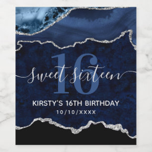 Blue & Silver Glitter Agate Marble Sweet Sixteen Wine Label