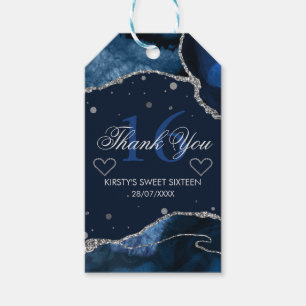 Blue & Silver Glitter Agate Sweet 16 Thank You Gift Tags