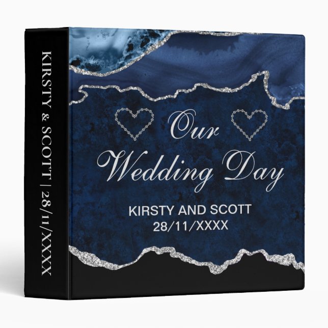 Blue & Silver Glitter Agate Wedding Photo Album 3 Ring Binder (Front/Spine)