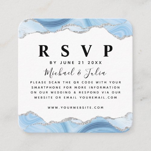 Blue  Silver Glitter Agate Wedding QR Code RSVP Enclosure Card