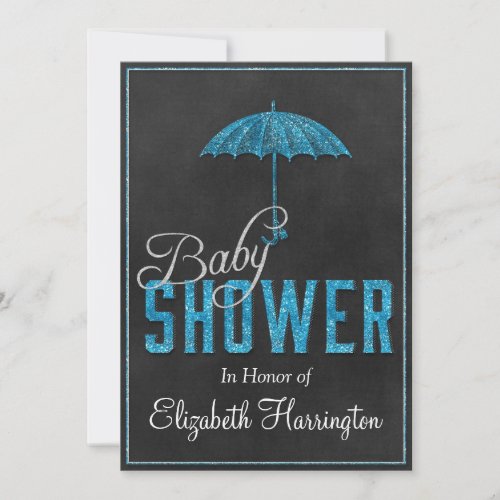Blue Silver Glitter Baby Boy Shower Umbrella Invites