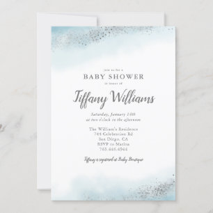Blue Silver Glitter Boy Baby Shower Invitation