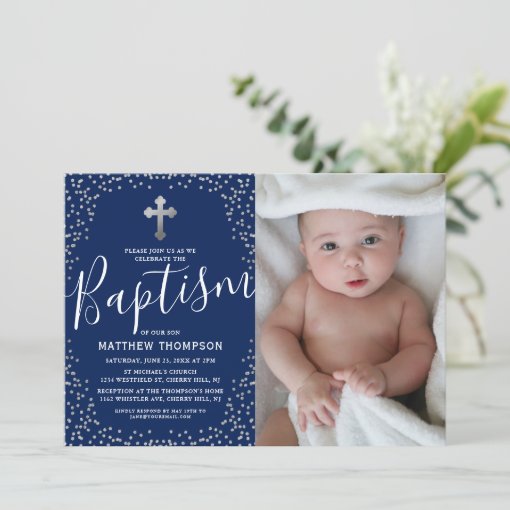 Blue Silver Glitter Boy Baptism Photo Invitation | Zazzle