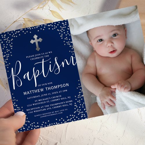 Blue Silver Glitter Boy Baptism Photo Invitation