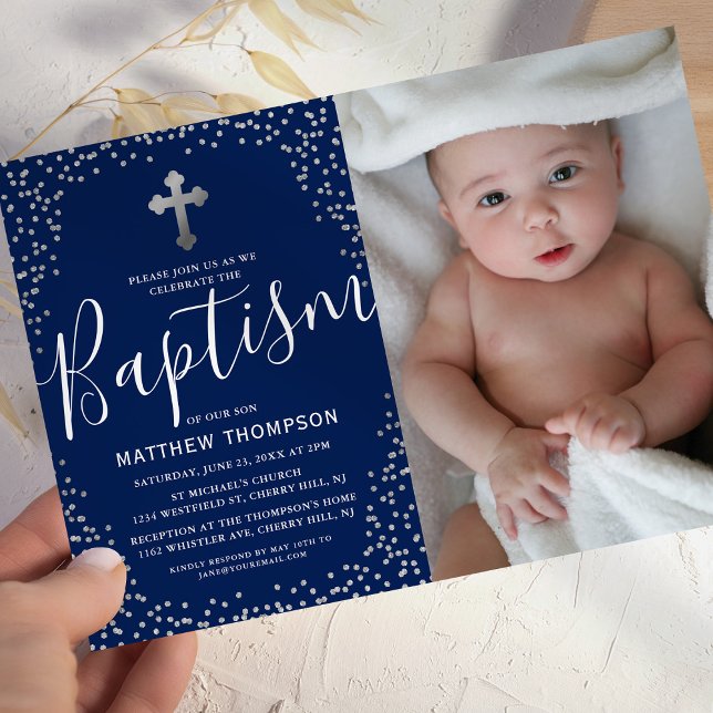 Blue Silver Glitter Boy Baptism Photo Invitation (Creator Uploaded)