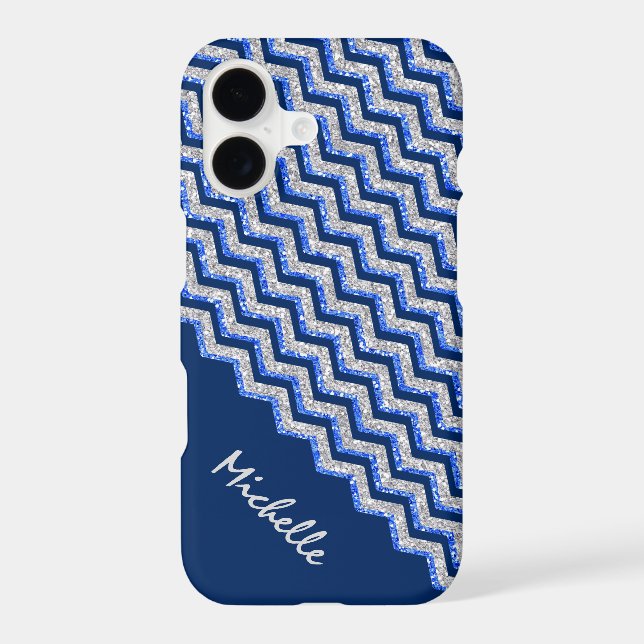 Blue Silver Glitter Chevron Personalized Case-Mate iPhone Case (Back)