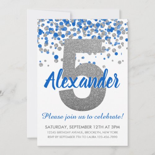 Blue Silver Glitter Confetti Boy Fifth Birthday Invitation