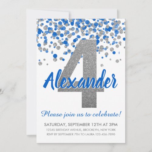 Blue Silver Glitter Confetti Boy Fourth Birthday Invitation