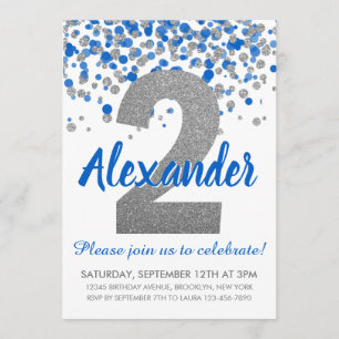 Blue Silver Glitter Confetti Boy Second Birthday Invitation