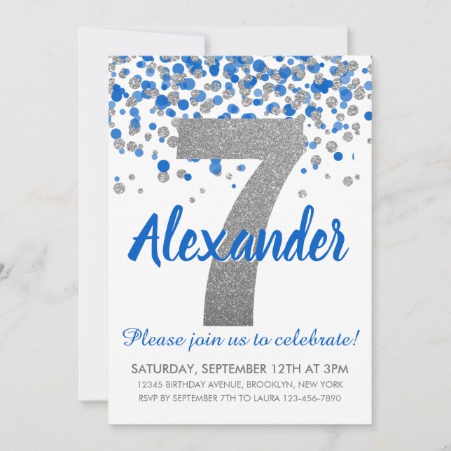 Blue Silver Glitter Confetti Boy Seventh Birthday Invitation (Front)