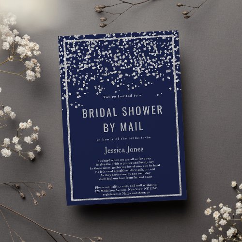 Blue silver glitter confetti Bridal Shower by Mail Invitation