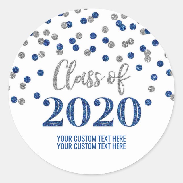 Blue Silver Glitter Confetti Graduation 2020 Classic Round Sticker (Front)