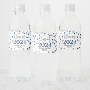 Blue Silver Glitter Confetti Graduation Water Bottle Label