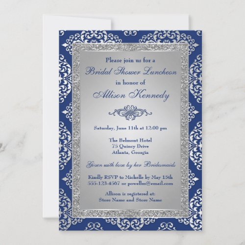 Blue, Silver Glitter Damask Bridal Shower Invite