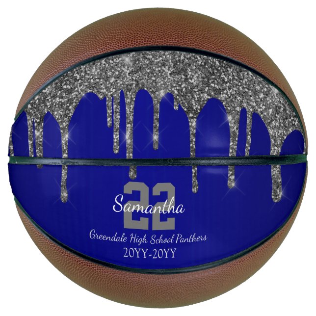 Blue Silver Glitter Drips Name Team Number Year Basketball (Front)