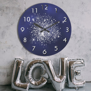 Blue silver glitter dust large clock