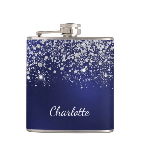 Blue silver glitter dust monogram name script  flask