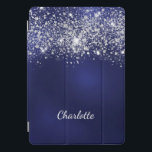 Blue silver glitter dust monogram name script iPad pro cover<br><div class="desc">A blue background. The blue color is uneven. Decorted with faux glitter dust. Personalize and add a name. The first name is written with a modern hand lettered style script.</div>