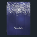 Blue silver glitter dust monogram name script iPad pro cover<br><div class="desc">A blue background. The blue color is uneven. Decorted with faux glitter dust. Personalize and add a name. The first name is written with a modern hand lettered style script.</div>