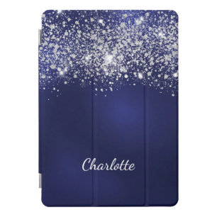 Blue silver glitter dust monogram name script iPad pro cover