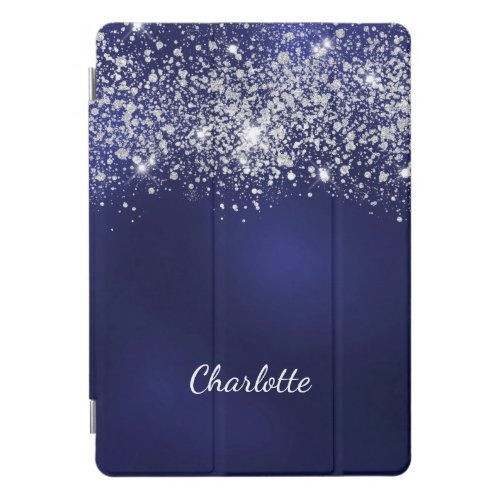 Blue silver glitter dust monogram name script iPad pro cover