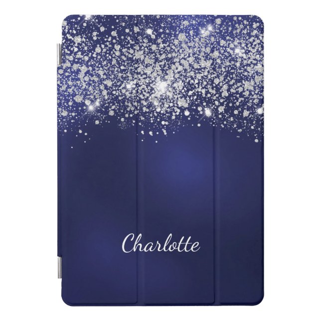 Blue silver glitter dust monogram name script iPad pro cover (Front)