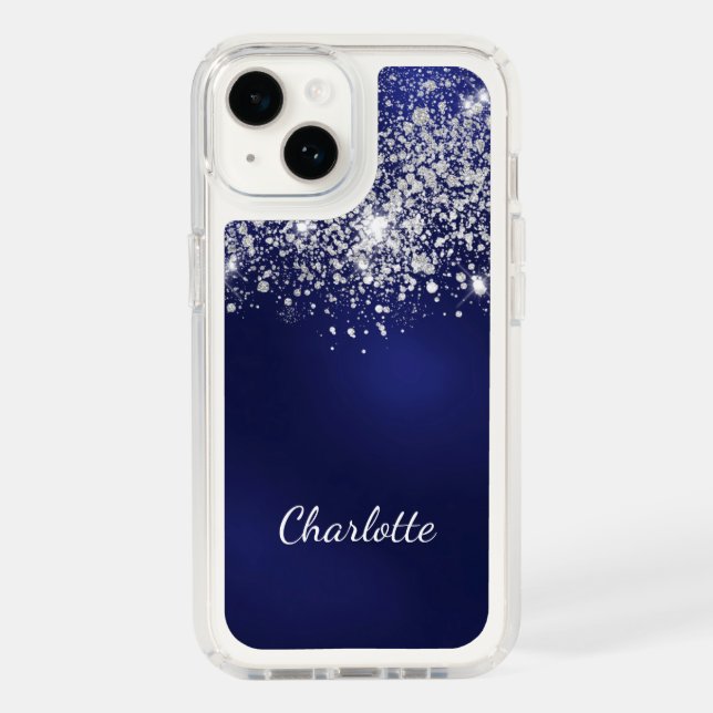 Blue silver glitter dust monogram name script speck iPhone case (Front)