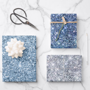 Blue Silver Glitter Glam Bling Trendy Stylish Wrapping Paper Sheets